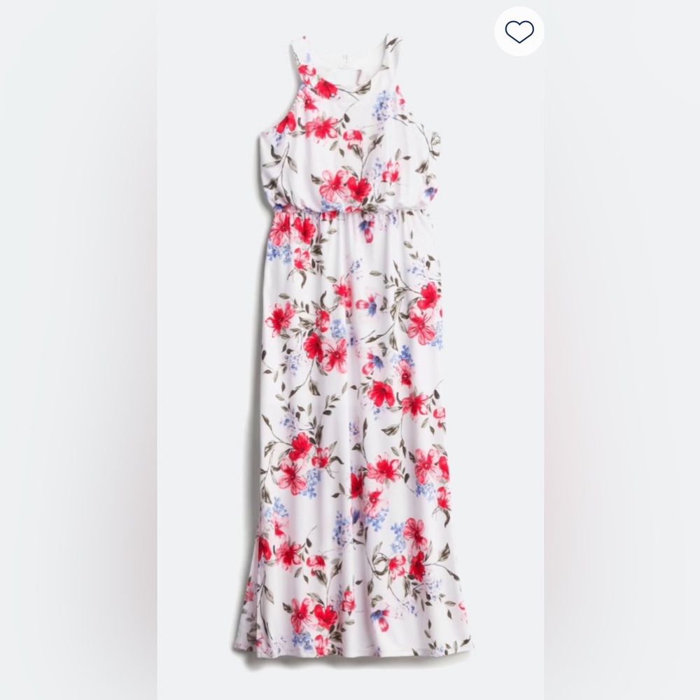 Girls Floral Maxi Dress - White w Red & Blue Accents - Size M